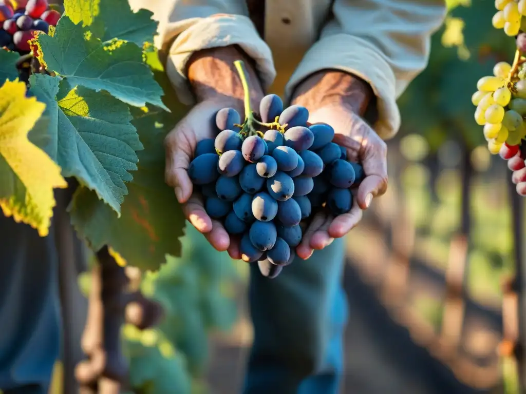 Un viticultor italiano sostiene uvas Sangiovese recién cosechadas, mostrando la conexión entre el trabajo duro y la cultura vinícola italiana