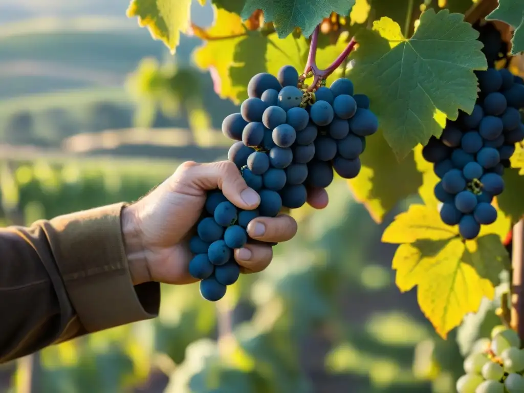 Un viticultor italiano sostiene uvas Sangiovese maduras en un viñedo soleado, mostrando texturas y colores vibrantes