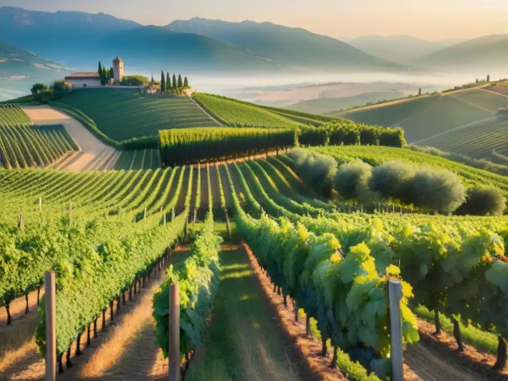 Un viticultor italiano inspecciona sus viñedos al atardecer, conectando con la tradición vinícola en Vinos espumosos norte Italia