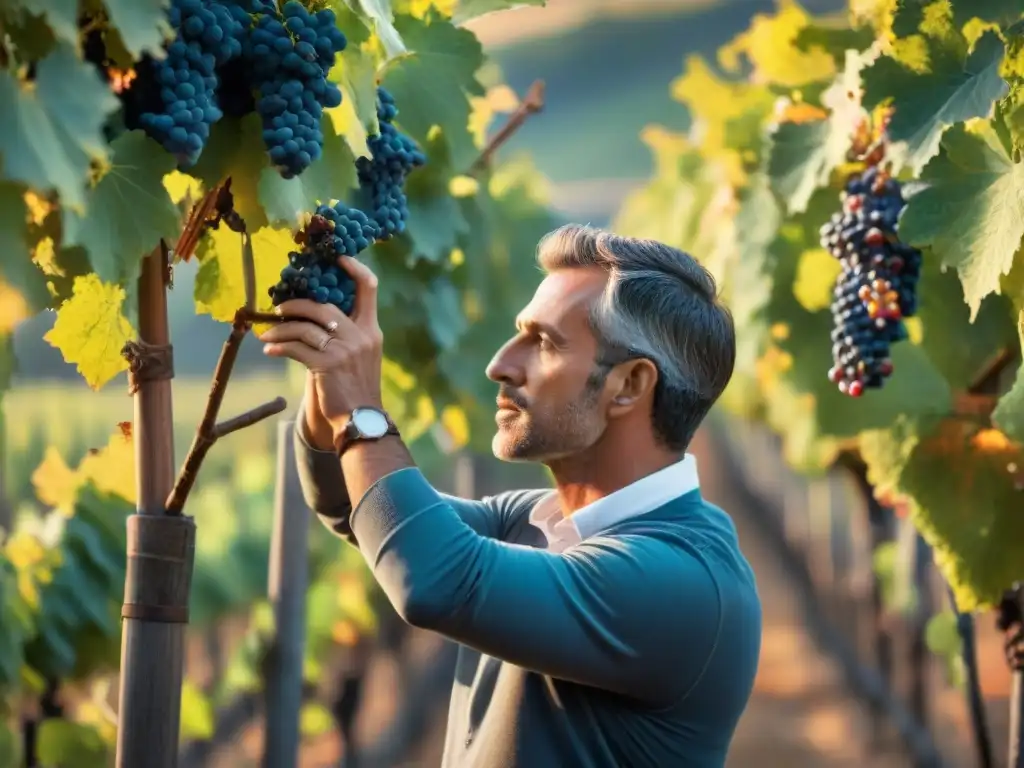 Un viticultor en Toscana inspeccionando uvas Sangiovese al atardecer