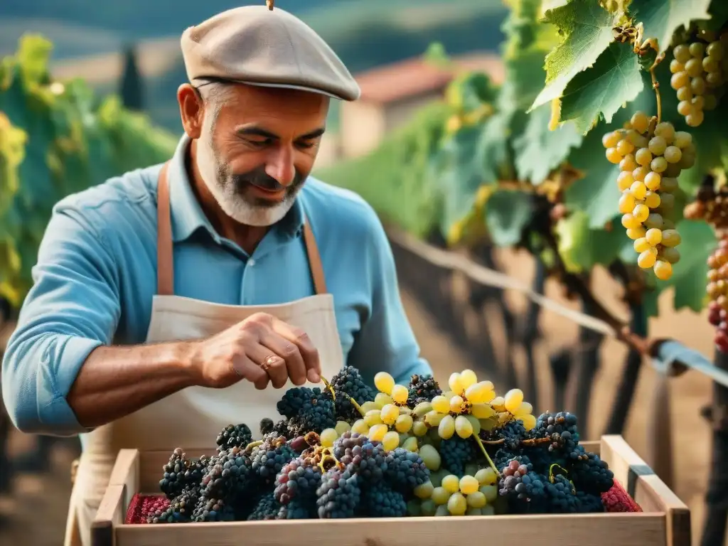 Un viticultor toscano seleccionando uvas pasas al sol para elaborar Vin Santo postres cocina italiana, expresando dedicación y tradición