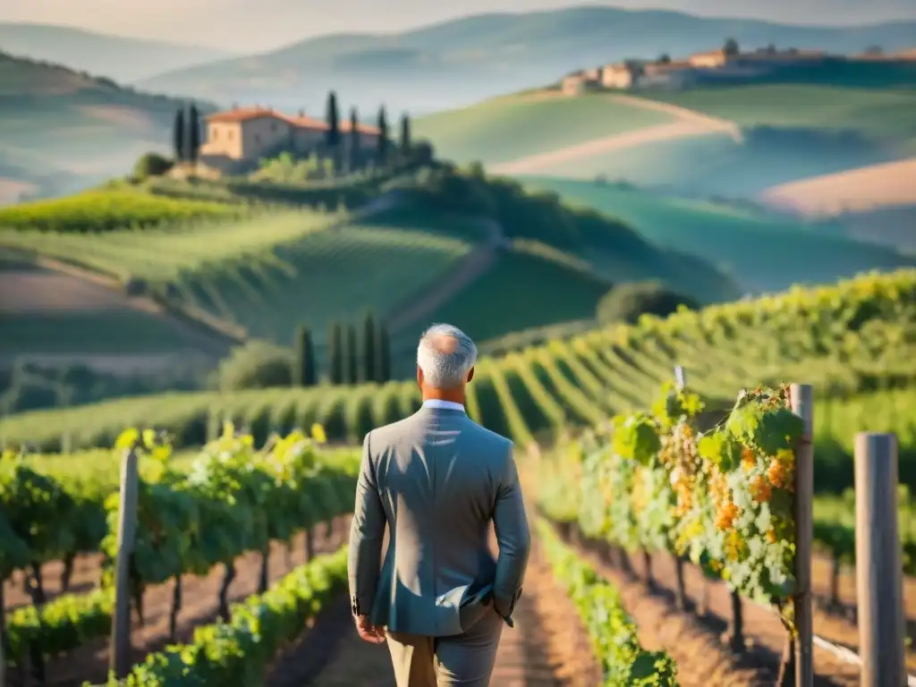 Un viticultor inspecciona uvas rosato en un viñedo de la Toscana, Italia