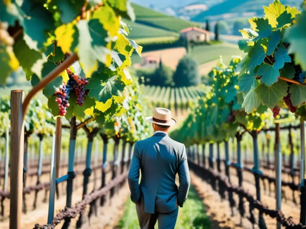 Viticultores italianos certificados inspeccionan uvas bajo el sol de la Toscana, mostrando su dedicación y expertise en la viticultura