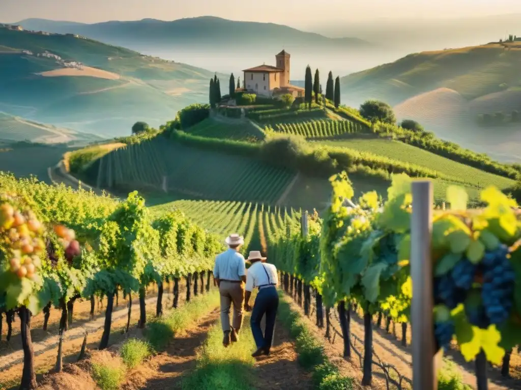 Viticultores italianos certificados cosechando uvas bajo el sol dorado de la Toscana, rodeados de viñedos exuberantes y tradición