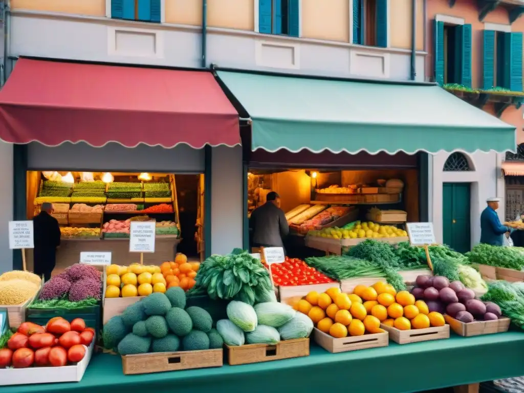 Vividores italianos exhiben productos frescos bajo toldos coloridos, mientras clientes inspeccionan ingredientes con tecnología blockchain