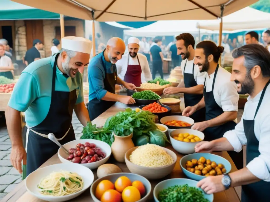 Voluntarios y chefs italianos sirviendo comida en mercado al aire libre