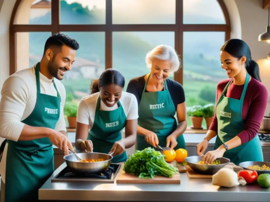 Voluntarios preparando comida en cocina comunitaria en Italia, unidos por la pasión y solidaridad