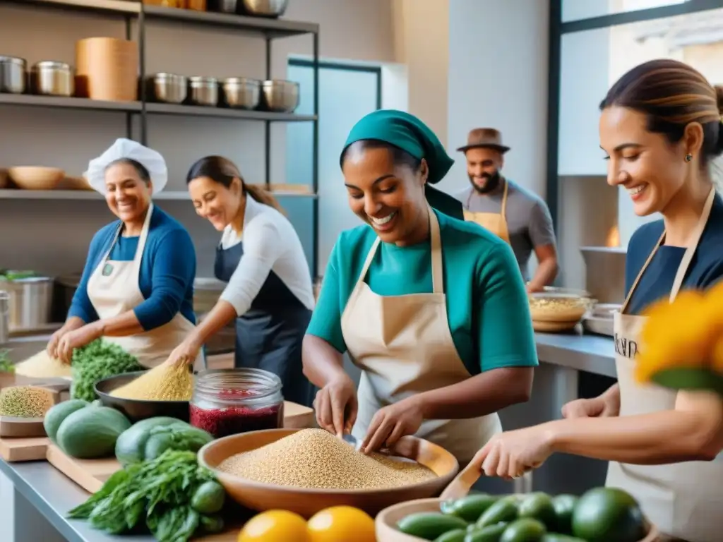 Voluntarios de Proyectos comunitarios alimentación Italia preparando alimentos con alegría y propósito en cocina comunitaria